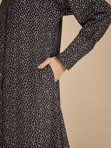 Front Open Black Printed Abaya Burqa with Black Hijab