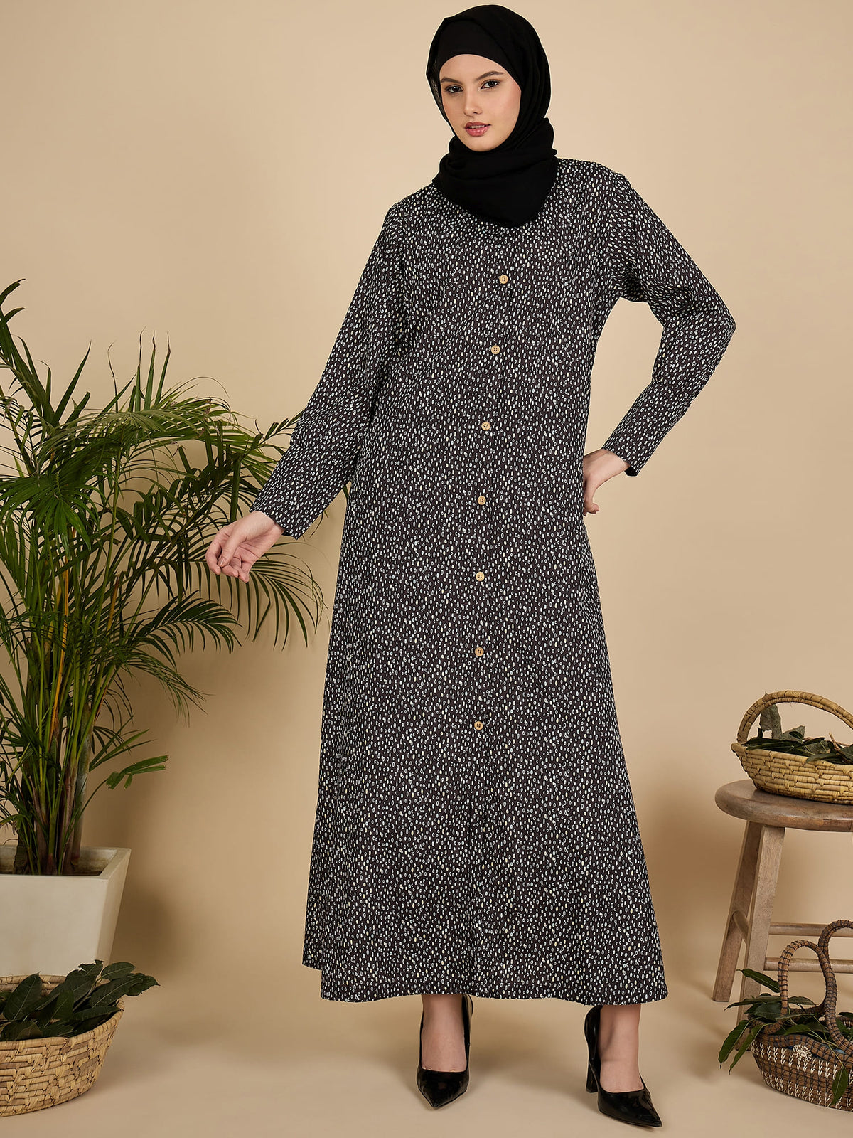 Front Open Black Printed Abaya Burqa with Black Hijab