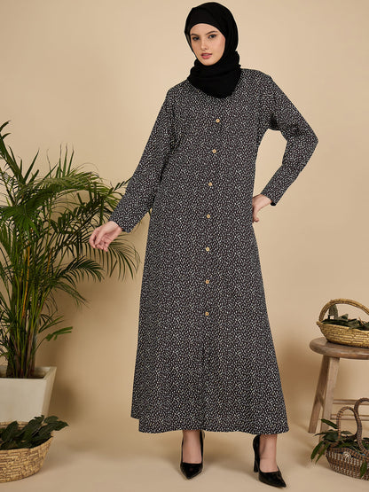 Front Open Black Printed Abaya Burqa with Black Hijab
