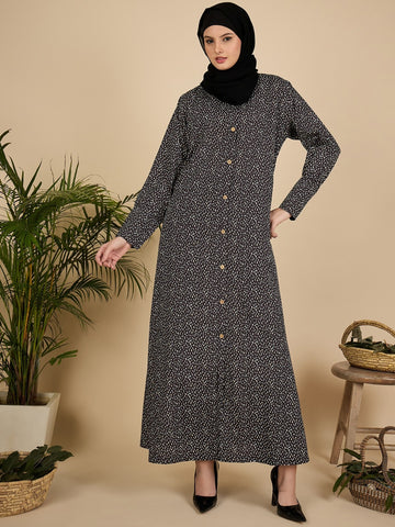 Front Open Black Printed Abaya Burqa with Black Hijab