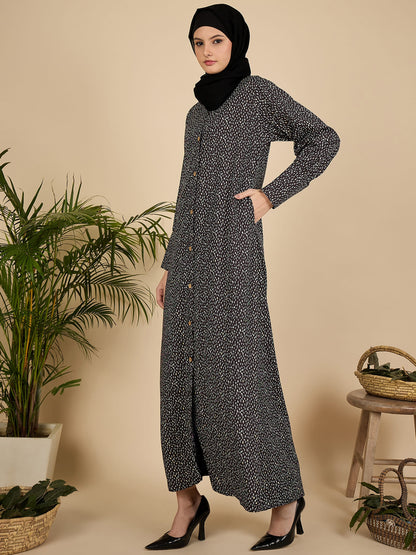 Front Open Black Printed Abaya Burqa with Black Hijab