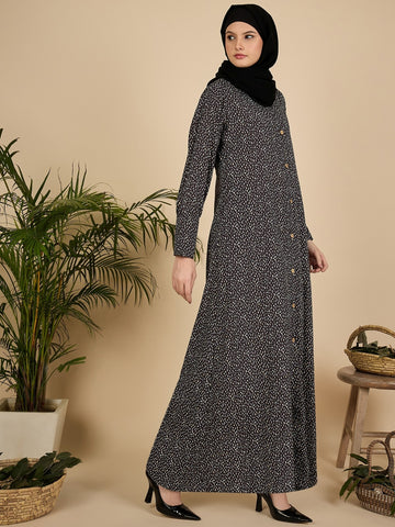 Front Open Black Printed Abaya Burqa with Black Hijab
