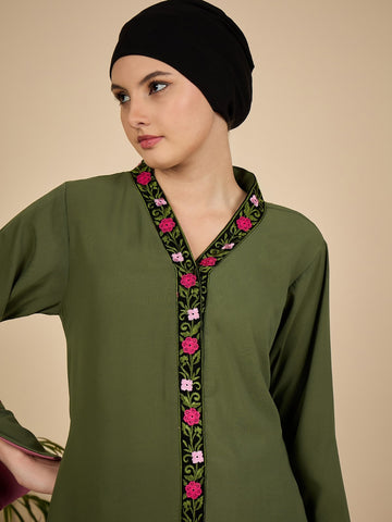Jade Green Embroidered Modest Abaya with Matching Hijab