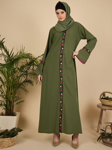 Jade Green Embroidered Modest Abaya with Matching Hijab