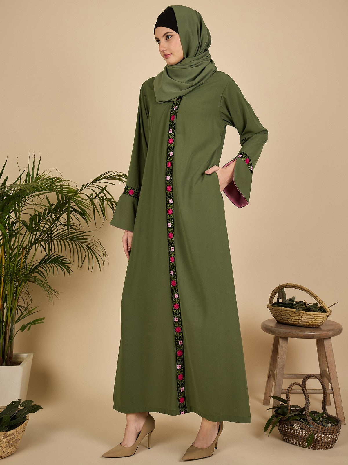 Jade Green Embroidered Modest Abaya with Matching Hijab