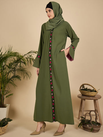 Jade Green Embroidered Modest Abaya with Matching Hijab