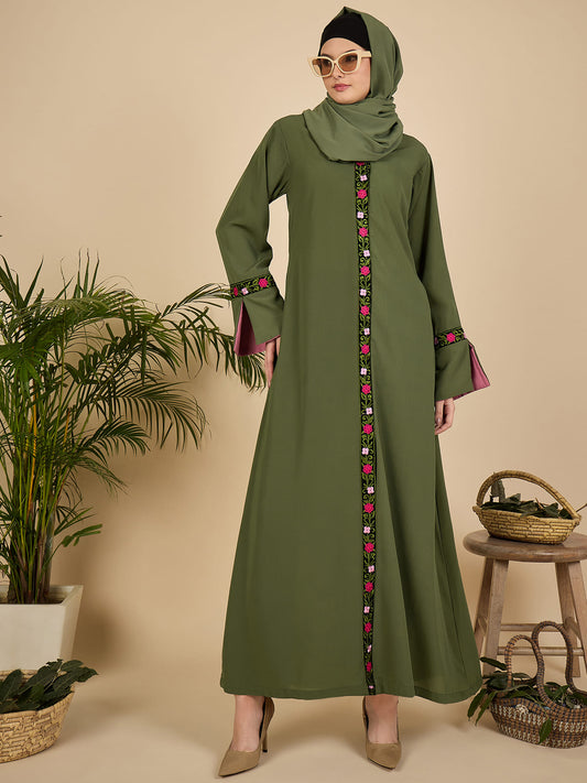 Jade Green Embroidered Modest Abaya with Matching Hijab