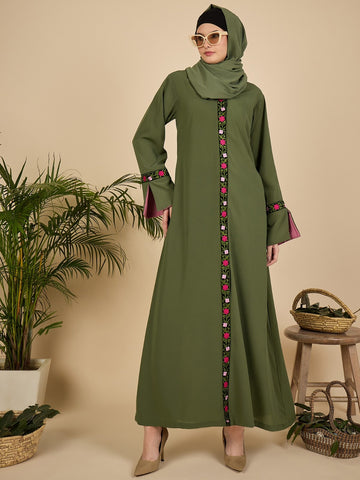 Jade Green Embroidered Modest Abaya with Matching Hijab