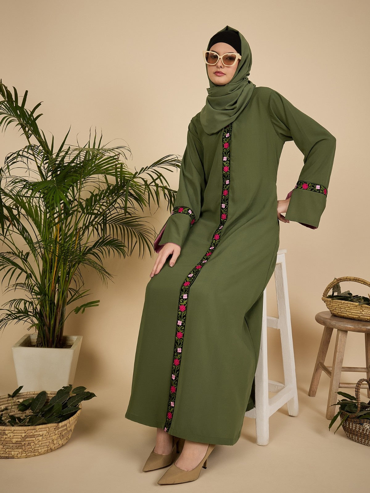 Jade Green Embroidered Modest Abaya with Matching Hijab
