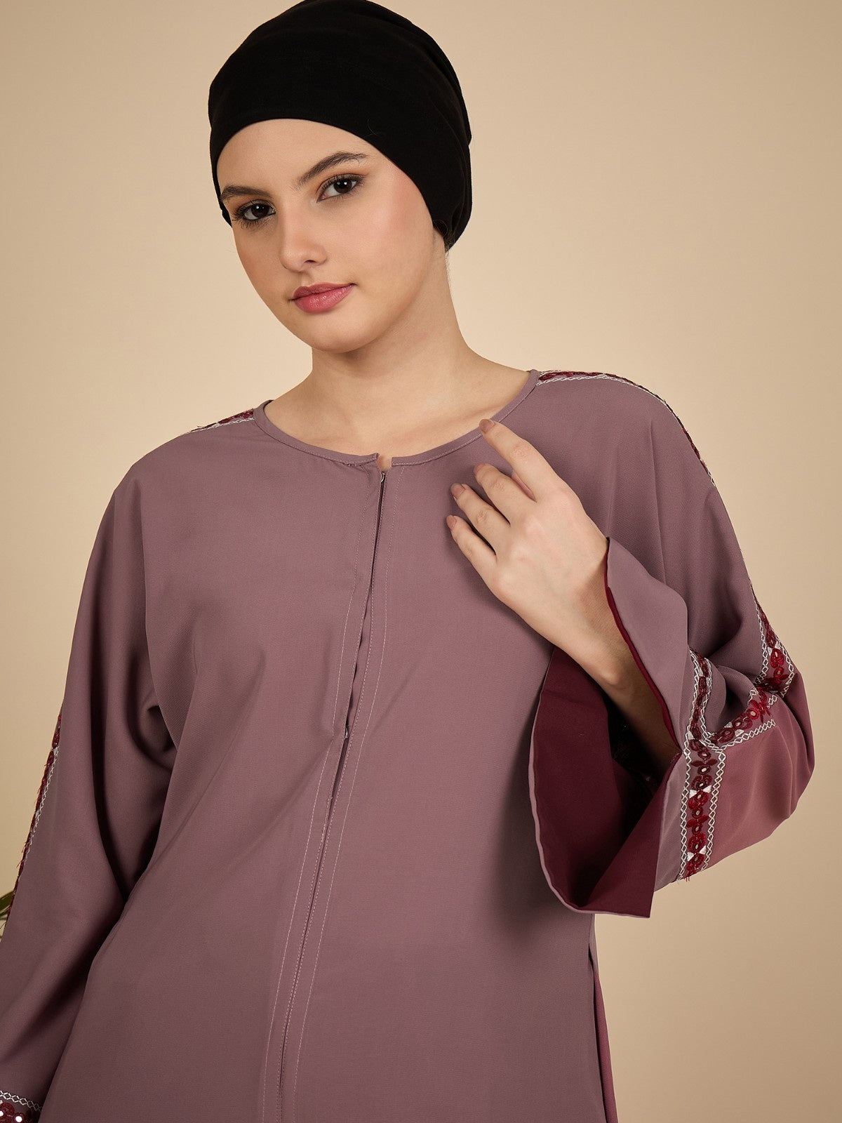 Puce Pink Embroidered Modest Abaya Burqa with Matching Hijab