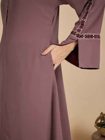 Puce Pink Embroidered Modest Abaya Burqa with Matching Hijab