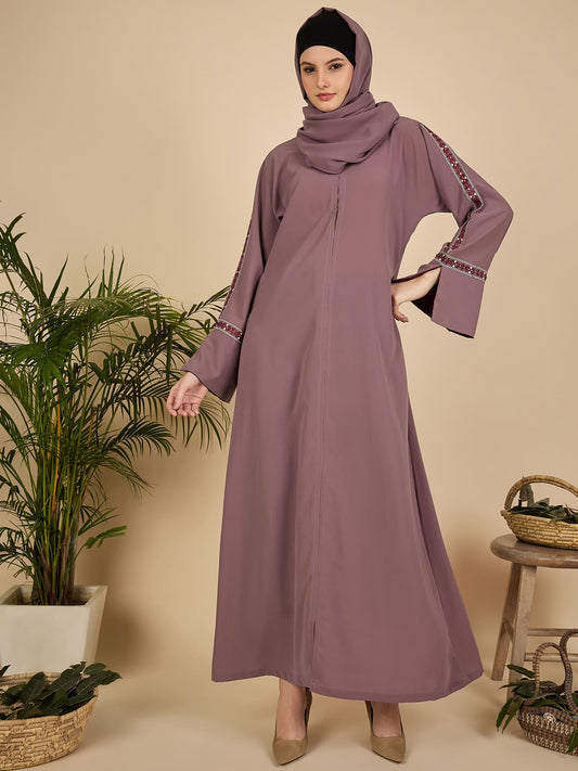 Puce Pink Embroidered Modest Abaya Burqa with Matching Hijab