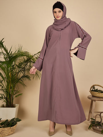 Puce Pink Embroidered Modest Abaya Burqa with Matching Hijab