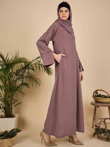 Puce Pink Embroidered Modest Abaya Burqa with Matching Hijab