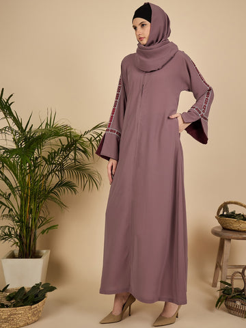 Puce Pink Embroidered Modest Abaya Burqa with Matching Hijab