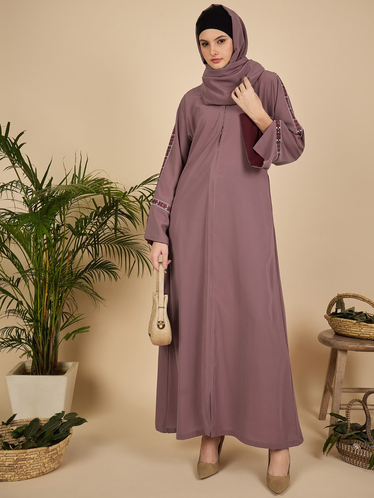 Puce Pink Embroidered Modest Abaya Burqa with Matching Hijab