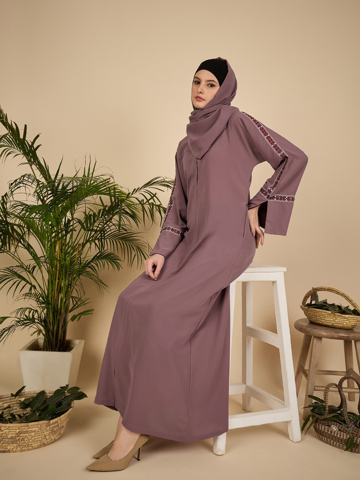 Puce Pink Embroidered Modest Abaya Burqa with Matching Hijab