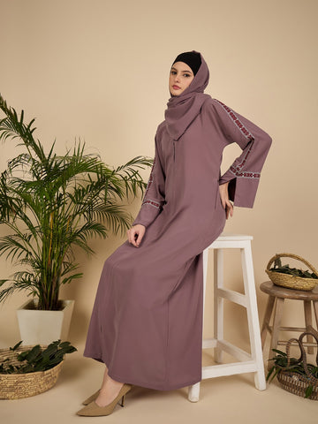 Puce Pink Embroidered Modest Abaya Burqa with Matching Hijab