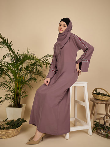 Puce Pink Embroidered Modest Abaya Burqa with Matching Hijab