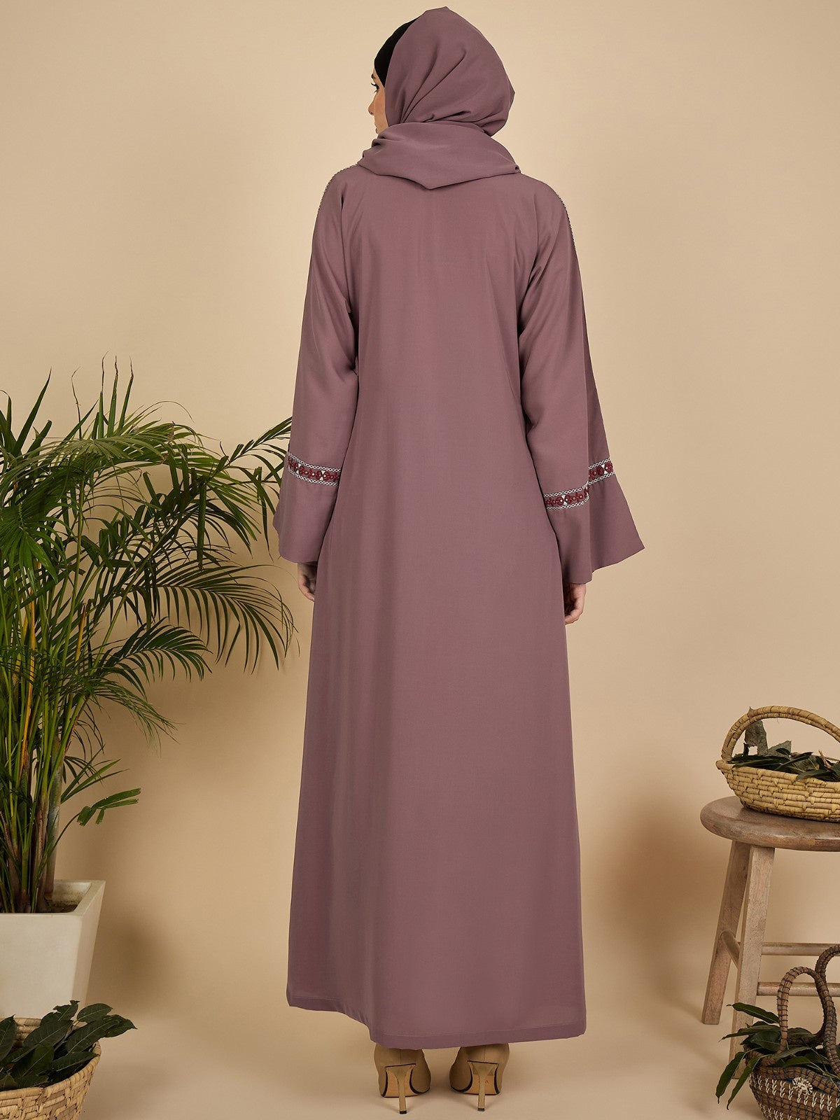 Puce Pink Embroidered Modest Abaya Burqa with Matching Hijab