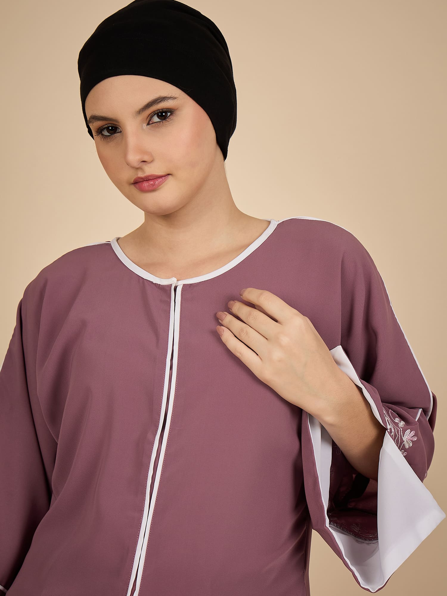 Puce Pink Embroidered Modest Abaya Burqa with Matching Hijab
