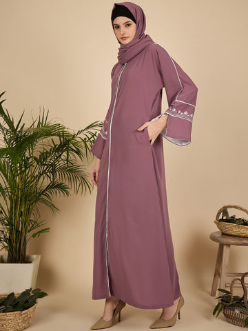 Puce Pink Embroidered Modest Abaya Burqa with Matching Hijab