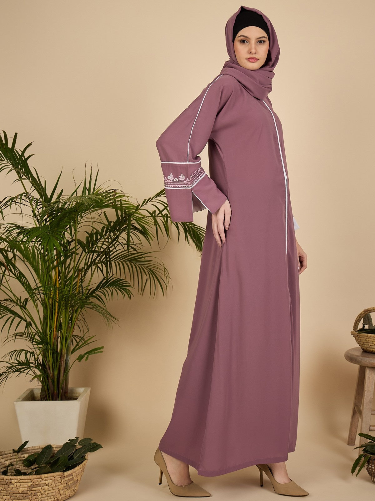 Puce Pink Embroidered Modest Abaya Burqa with Matching Hijab