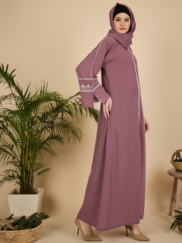 Puce Pink Embroidered Modest Abaya Burqa with Matching Hijab