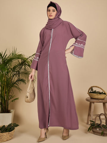 Puce Pink Embroidered Modest Abaya Burqa with Matching Hijab
