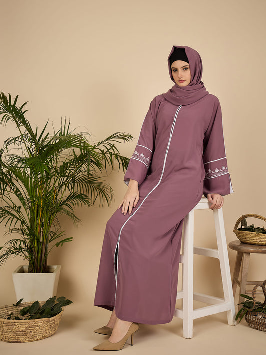 Puce Pink Embroidered Modest Abaya Burqa with Matching Hijab