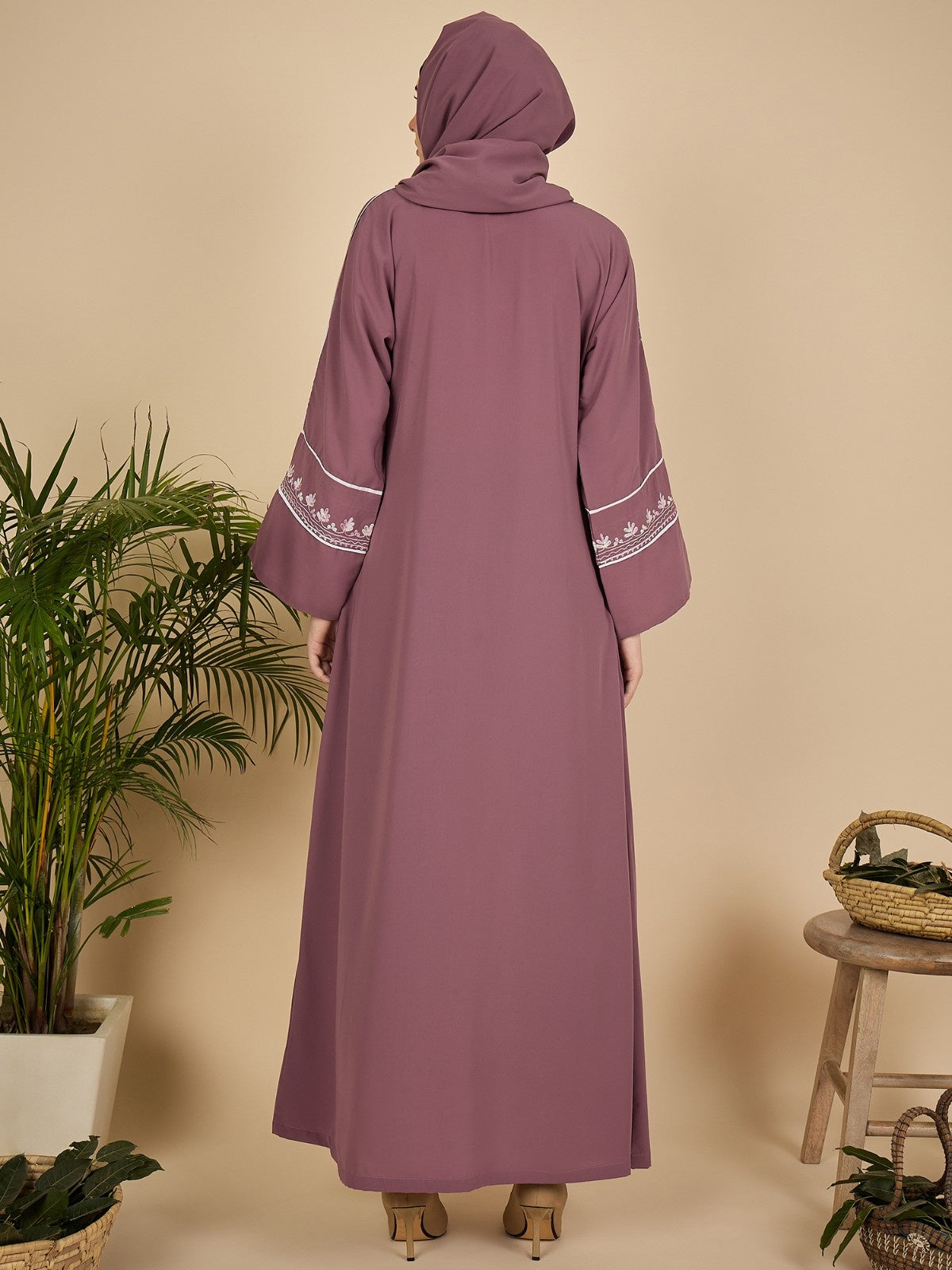 Puce Pink Embroidered Modest Abaya Burqa with Matching Hijab