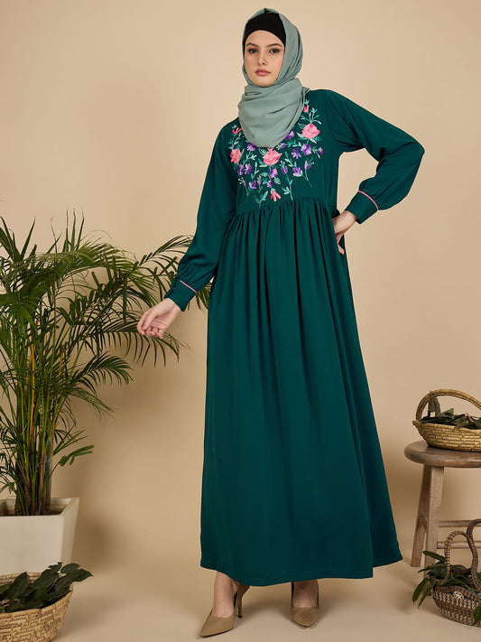 Embroidered Modest Green Abaya Burqa for Women with Macthing scarf