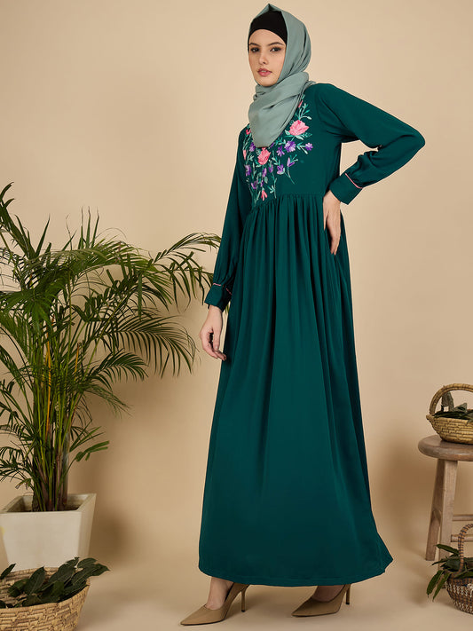 Embroidered Modest Green Abaya Burqa for Women with Macthing scarf