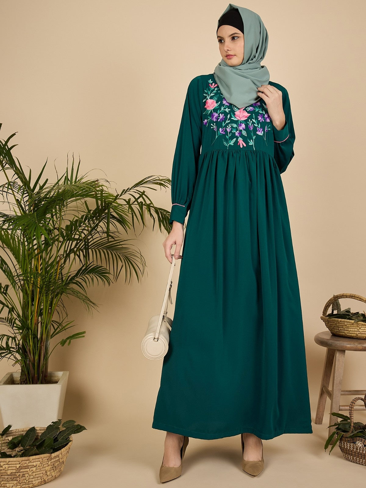 Embroidered Modest Green Abaya Burqa for Women with Macthing scarf