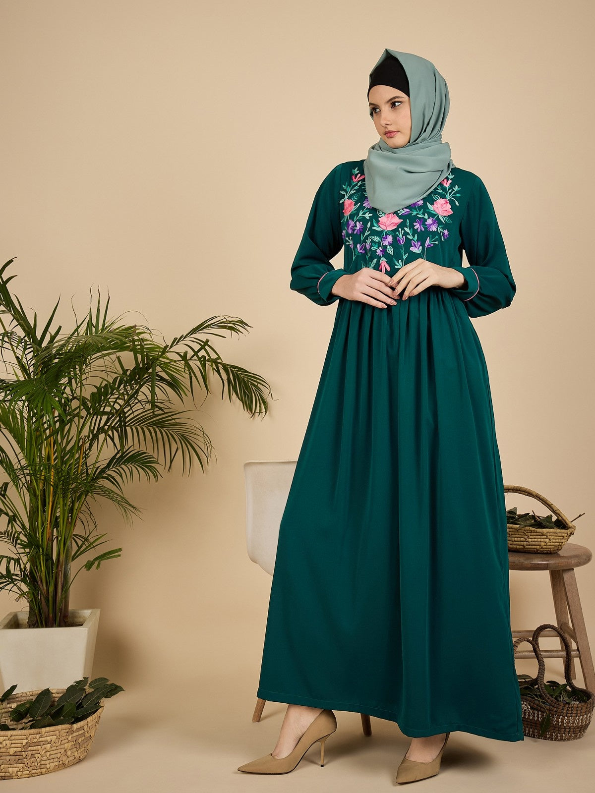 Embroidered Modest Green Abaya Burqa for Women with Macthing scarf