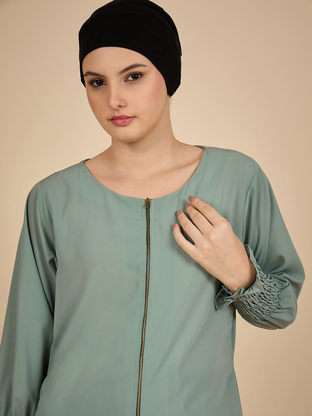 Front Open Modest Sea Green Zip Abaya Burqa with Matching Hijab