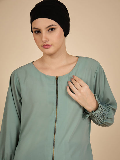 Front Open Modest Sea Green Zip Abaya Burqa with Matching Hijab