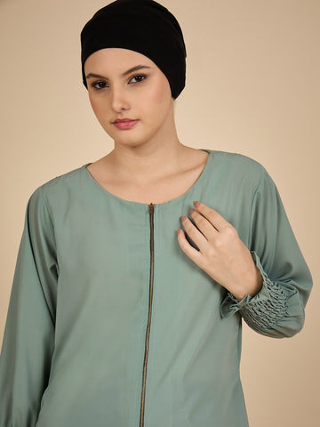 Front Open Modest Sea Green Zip Abaya Burqa with Matching Hijab