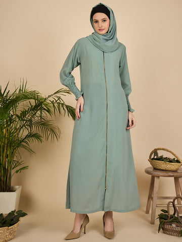 Front Open Modest Sea Green Zip Abaya Burqa with Matching Hijab