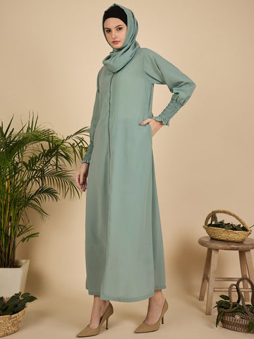 Front Open Modest Sea Green Zip Abaya Burqa with Matching Hijab