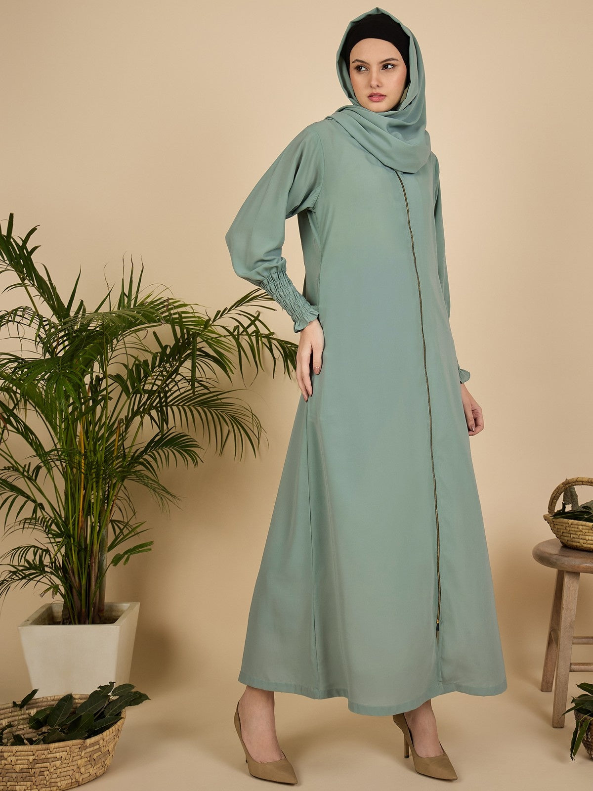 Front Open Modest Sea Green Zip Abaya Burqa with Matching Hijab