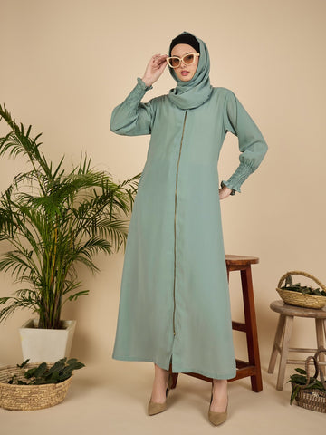 Front Open Modest Sea Green Zip Abaya Burqa with Matching Hijab