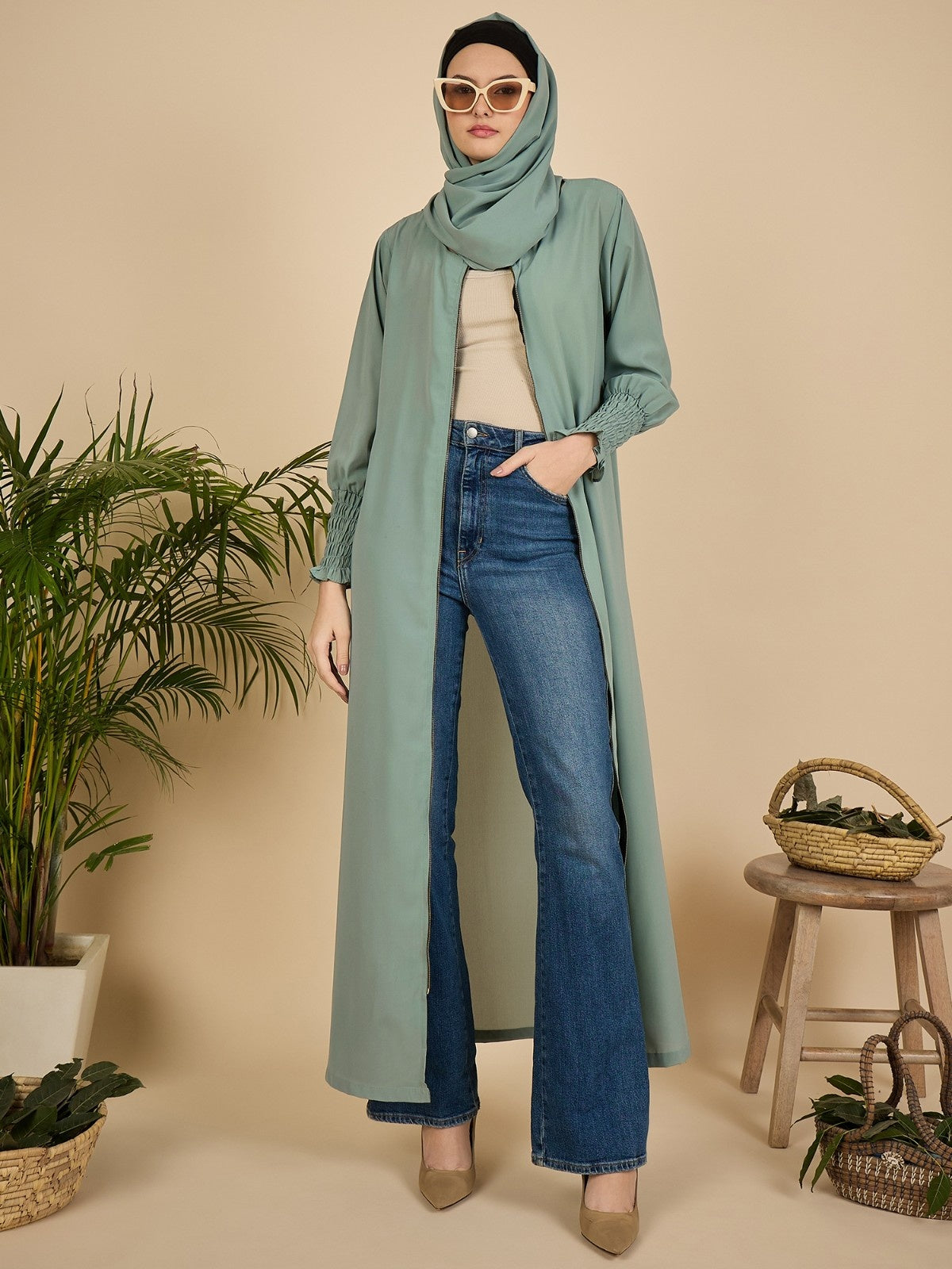 Front Open Modest Sea Green Zip Abaya Burqa with Matching Hijab