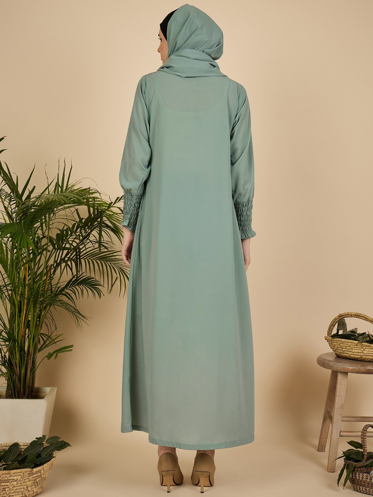 Front Open Modest Sea Green Zip Abaya Burqa with Matching Hijab