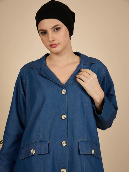 Blue Denim Front Open Abaya Burqa for Women with Georgette Hijab
