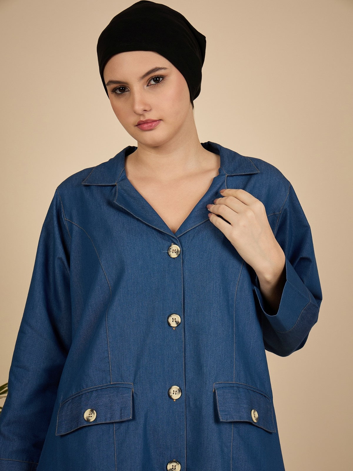 Blue Denim Front Open Abaya Burqa for Women with Georgette Hijab