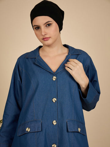 Blue Denim Front Open Abaya Burqa for Women with Georgette Hijab