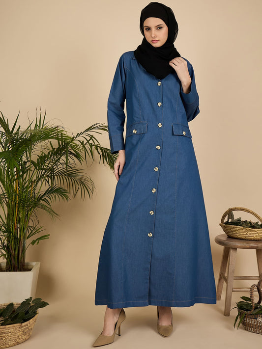Blue Denim Front Open Abaya Burqa for Women with Georgette Hijab