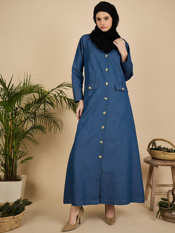 Blue Denim Front Open Abaya Burqa for Women with Georgette Hijab