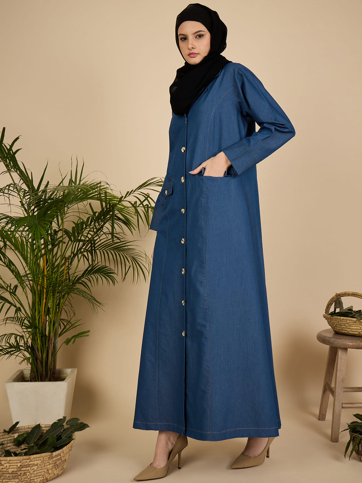 Blue Denim Front Open Abaya Burqa for Women with Georgette Hijab
